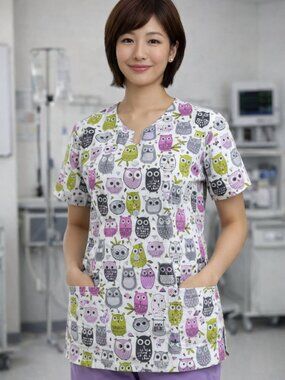 Owl Print Multicolor Nurses Uniform Top
